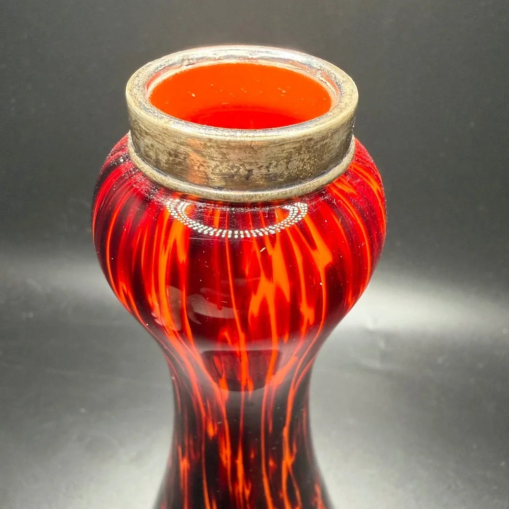 Vintage Red Orange Tortoiseshell Art Glass Bud Vase Metallic Rim 7.75 Inch MCM